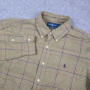 Ralph Lauren Button Down Shirt Mens L Green Plaid Houndstooth Classic Fit Cozy